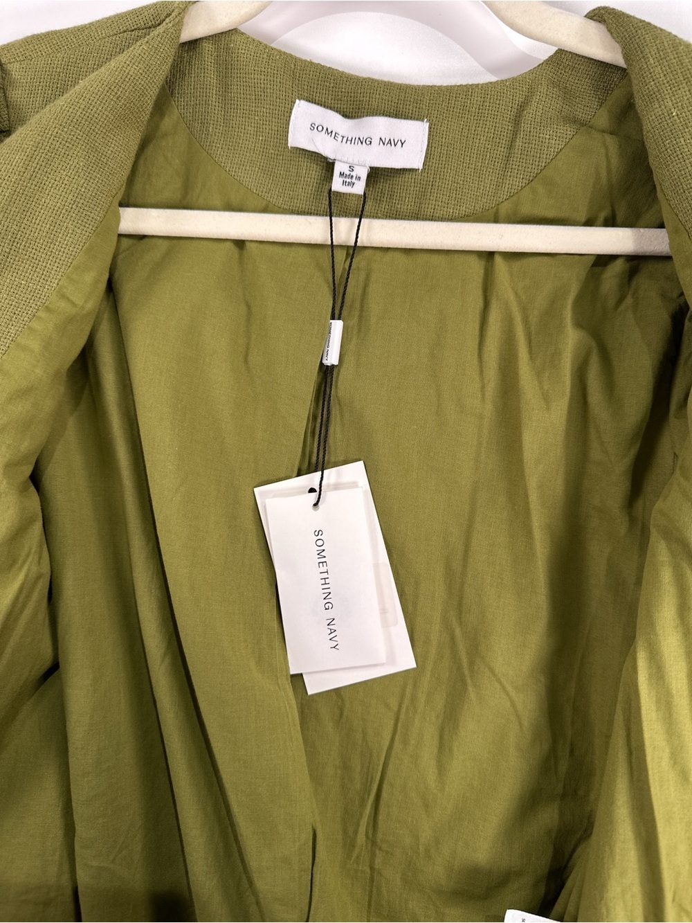 Something Navy Puff Shoulder Blazer Raw Hem Linen Cotton Blend Green Small - Picture 12 of 14